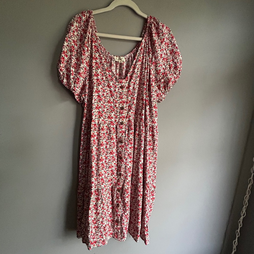 Indigo Rose Floral Button Front Tiered Midi Dress Red Pink White 3X Rayon